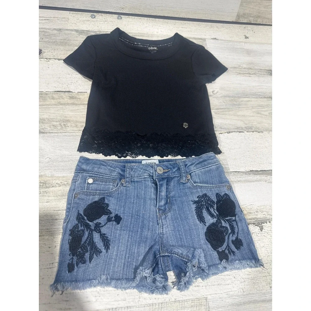 Justice‎ Hudson Shirt Shorts Set Girls 5/6 Black Blue Lace Embroidered EUC